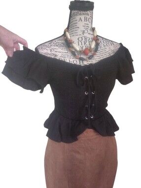 Trendy Js Black Fluttered Off Shoulder  Lace Up Smocked Peplum Crop Top‎ Large